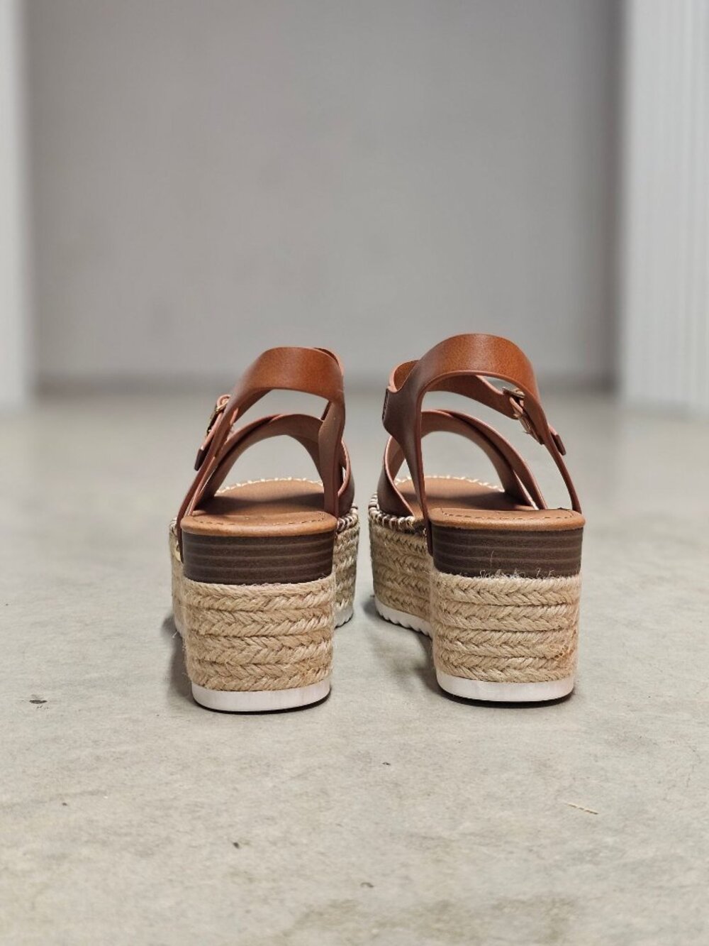 Tan Platform Espadrille Sandals With Buckle Strap Crisscross Upper & White Sole - Picture 8 of 16